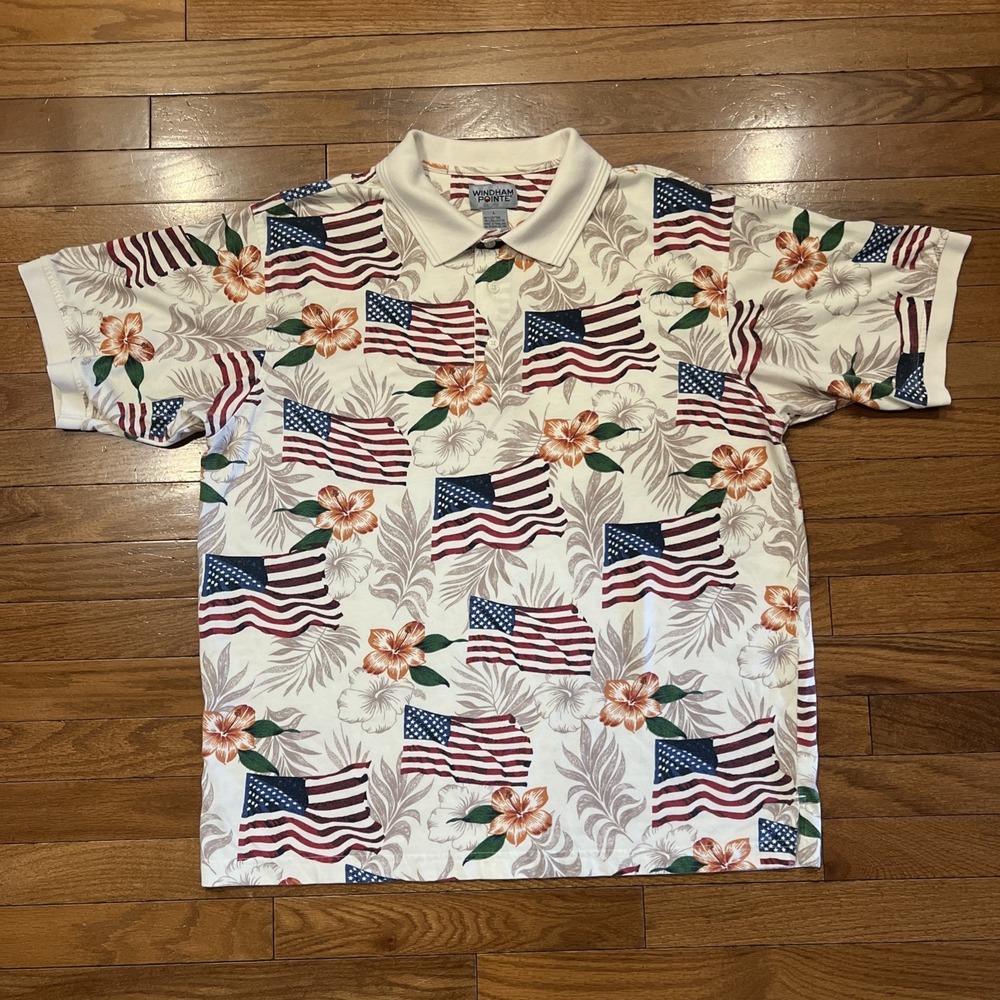 Windham Pointe Polo Shirt Mens Large USA Flag Hawaiian Patriotic Golf 4th July